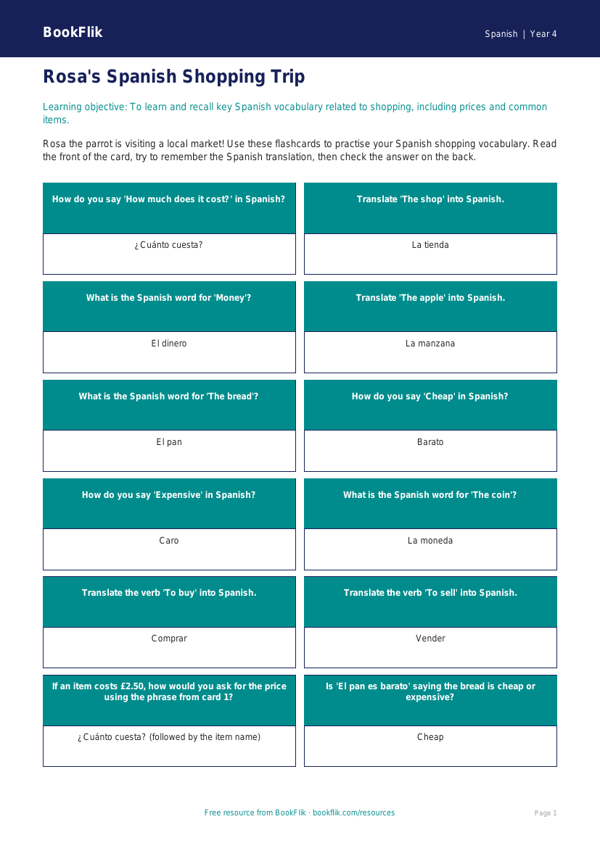 Free Spanish Shopping Flashcards | Year 4 | BookFlik worksheet preview — Spanish Shopping