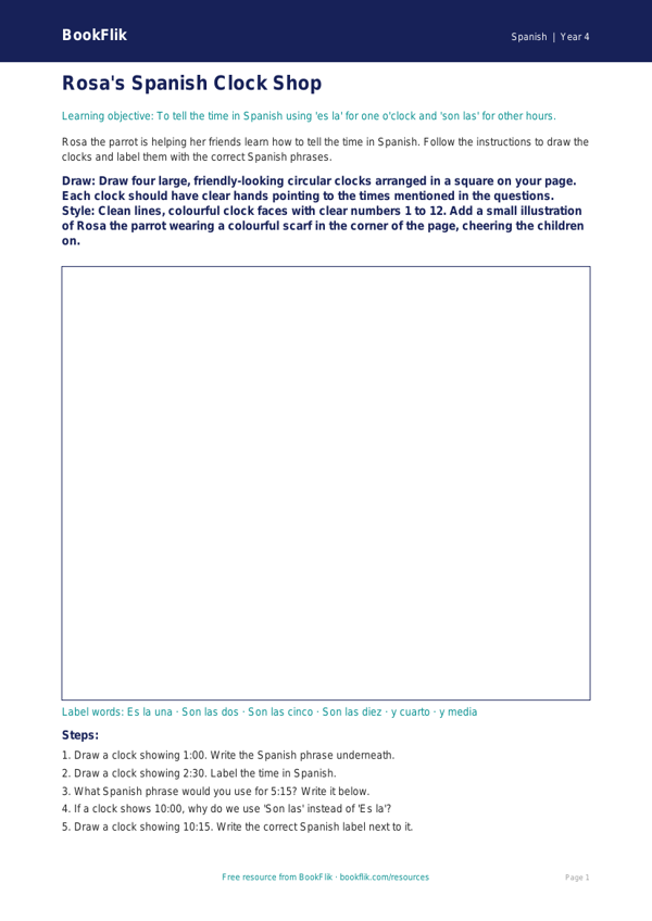 Free Telling The Time Drawing Sheet | Year 4 | Spanish | BookFlik worksheet preview — Spanish Telling The Time