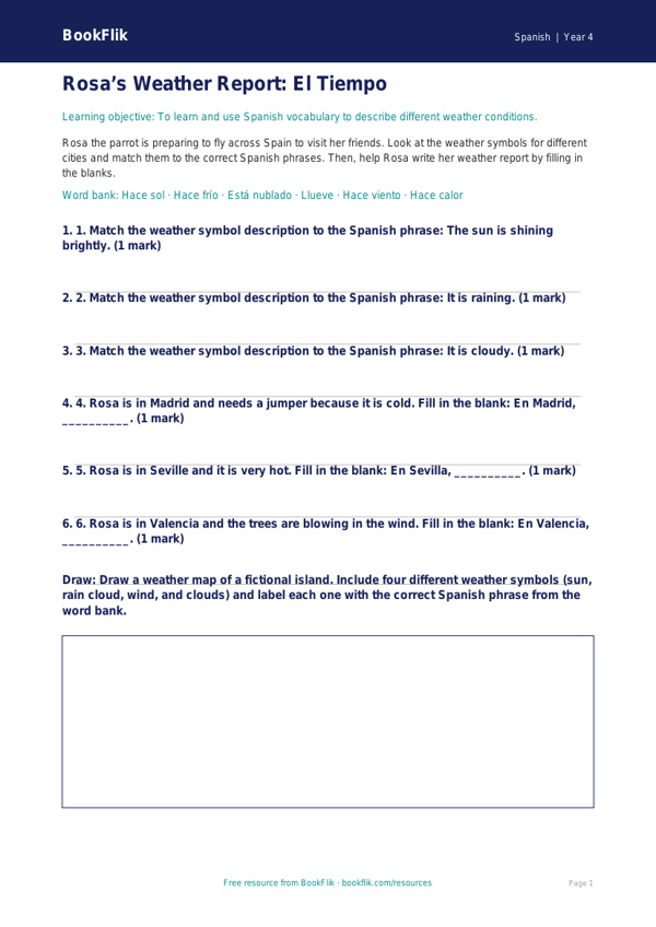 Free Spanish Weather Activity Sheet | Year 4 | BookFlik worksheet preview — Spanish Weather