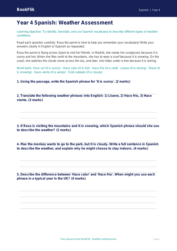 Spanish weather assessment year 4 core worksheet preview — Spanish Weather