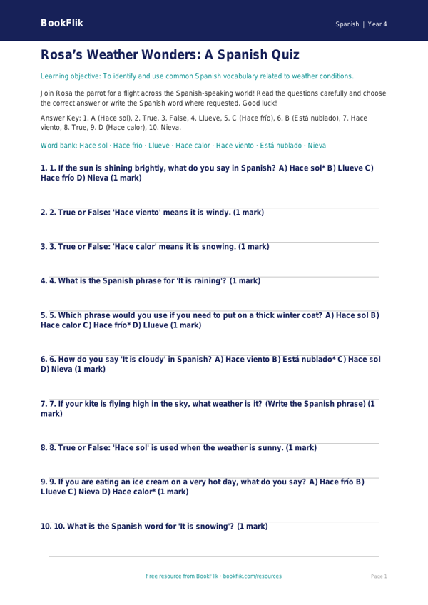 Free Spanish Weather Quiz | Year 4 | BookFlik worksheet preview — Spanish Weather