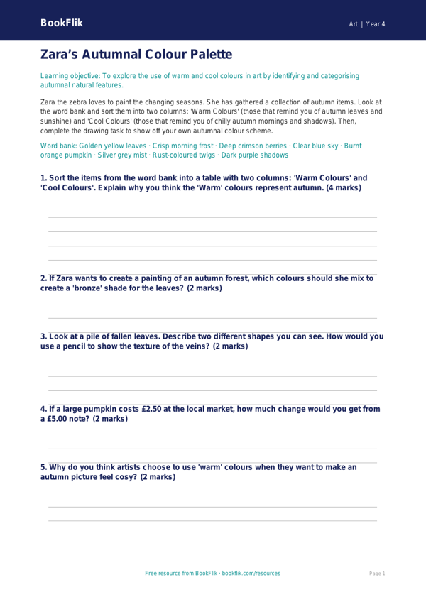 Free Autumn Art Activity Sheet for Class 4 Students | BookFlik worksheet preview — Art Autumn Art