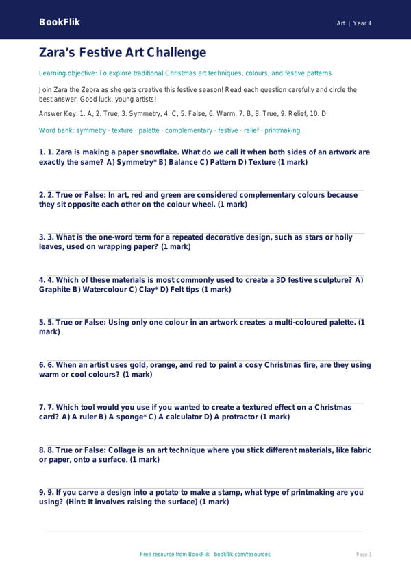 Free Christmas Art Activities for Class 4 | CBSE/NCERT | BookFlik worksheet preview — Art Christmas Art