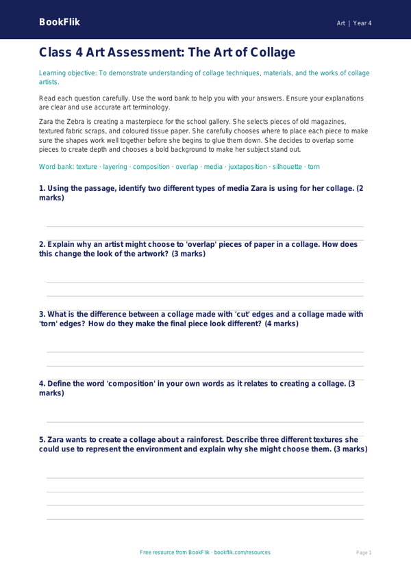 Free Collage Assessment | Class 4 | Art | BookFlik worksheet preview — Art Collage