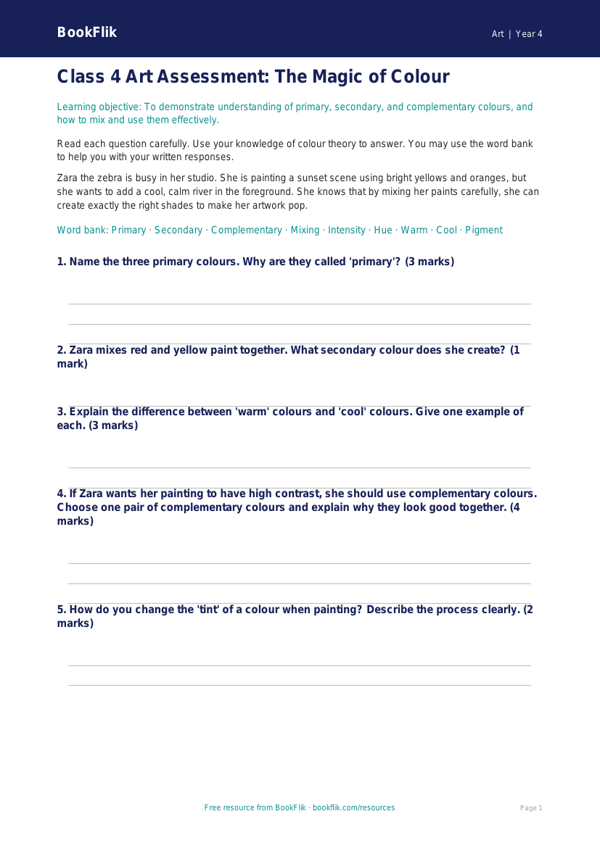 Free Colour Theory Assessment | Class 4 | Art | BookFlik worksheet preview — Art Colour Theory