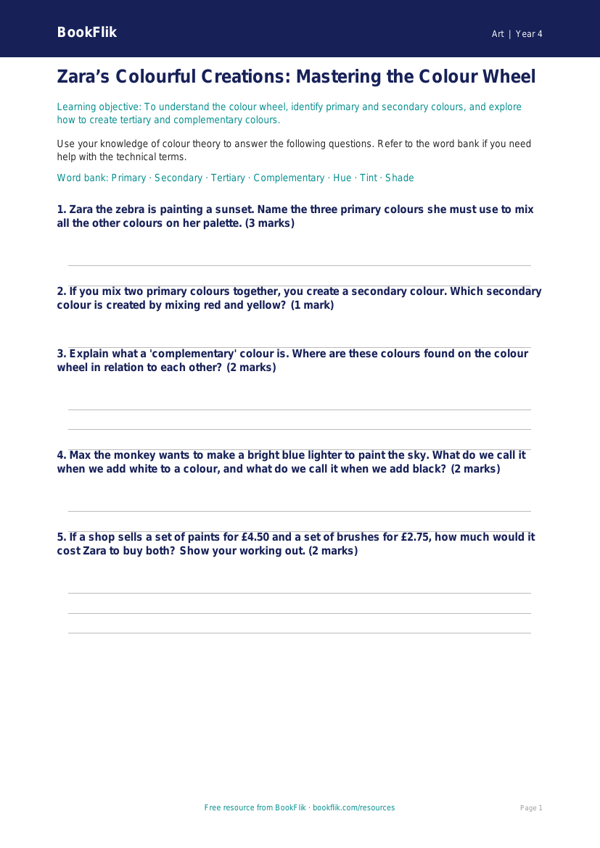 Learn Colour Theory with BookFlik - Free Worksheet for Class 4 worksheet preview — Art Colour Theory