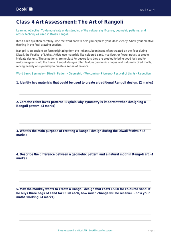 Diwali Rangoli Art Assessment for Class 4 Students | Free Download | BookFlik worksheet preview — Art Diwali Rangoli