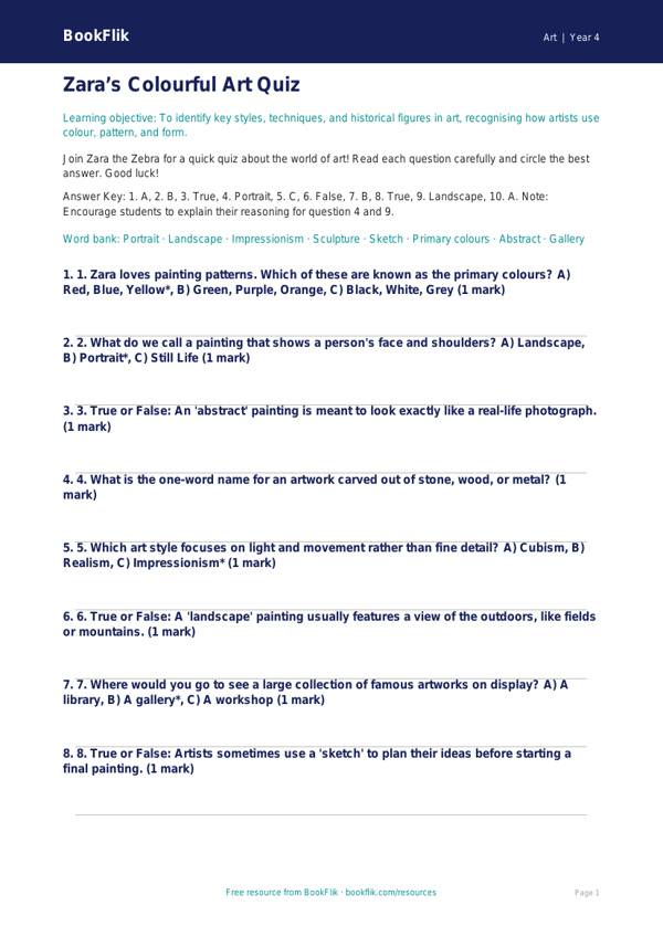 Free Famous Artists Quiz | Class 4 | Art | BookFlik worksheet preview — Art Famous Artists