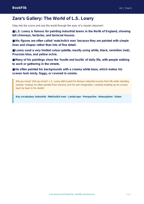 Free L.S. Lowry Art Guide | Class 4 | Art | BookFlik worksheet preview — Art Lowry