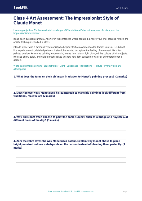 Art monet assessment class 4 core worksheet preview — Art Monet