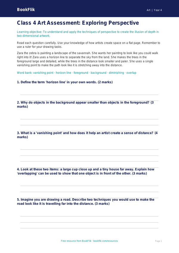 Free Perspective Assessment | Class 4 | Art | BookFlik worksheet preview — Art Perspective