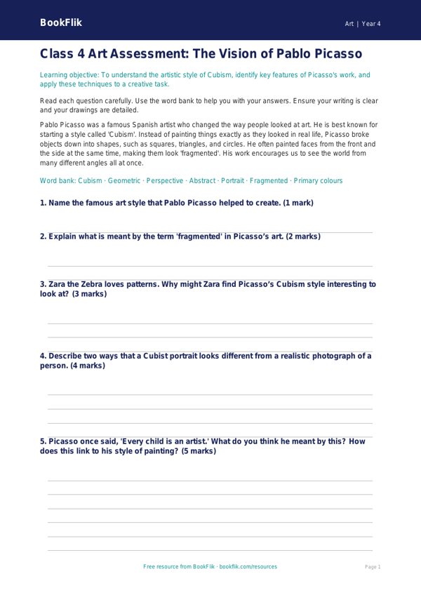 Art picasso assessment class 4 core worksheet preview — Art Picasso