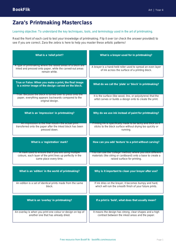 Free Printmaking Flashcards | Class 4 | Art | BookFlik worksheet preview — Art Printmaking