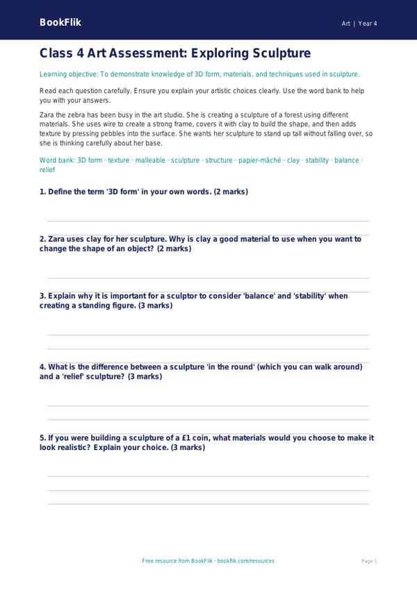 Free Sculpture Assessment | Class 4 | Art | BookFlik worksheet preview — Art Sculpture