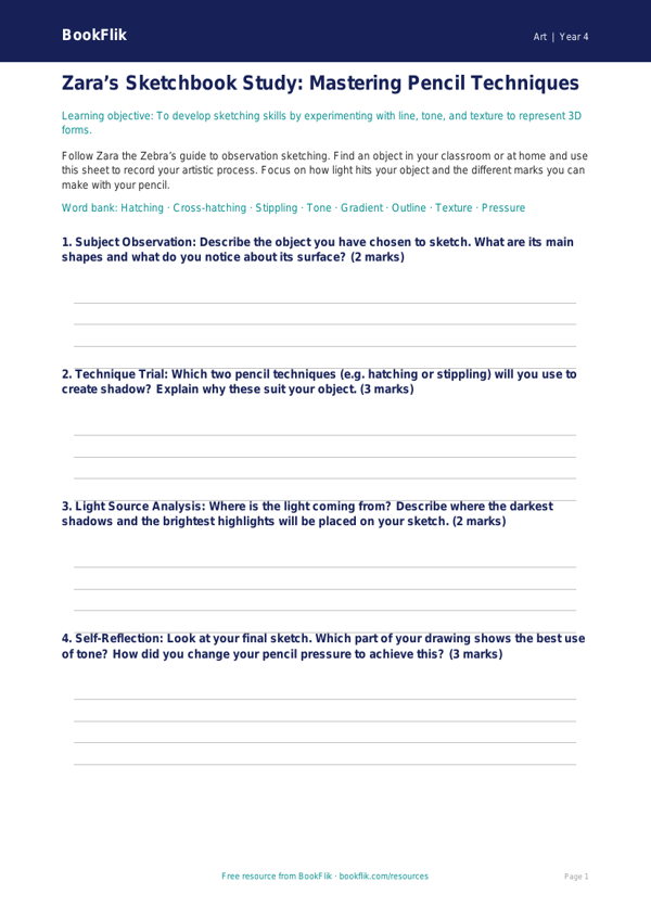 Free Sketching Template | Class 4 | Art | BookFlik worksheet preview — Art Sketching