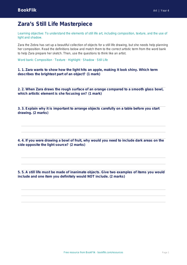 Art still life activity sheet class 4 core worksheet preview — Art Still Life