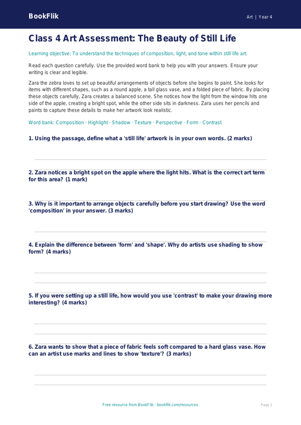 Free Still Life Assessment | Class 4 | Art | BookFlik worksheet preview — Art Still Life