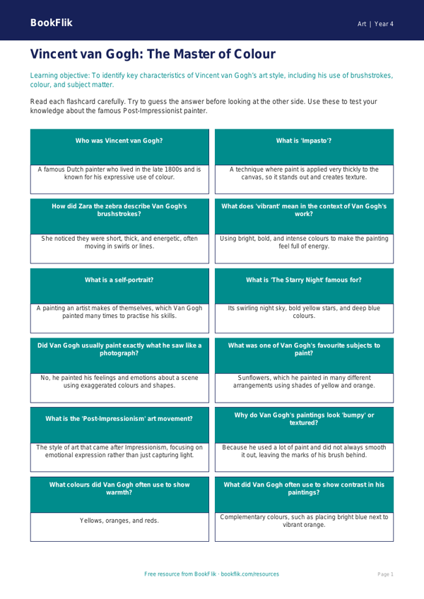 Free Van Gogh Flashcards | Class 4 | Art | BookFlik worksheet preview — Art Van Gogh