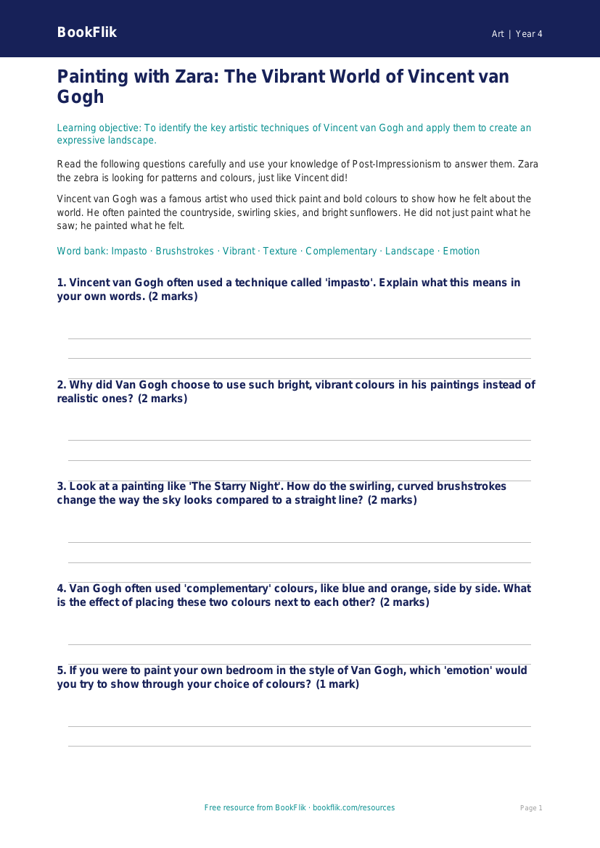 Art van gogh worksheet class 4 core worksheet preview — Art Van Gogh