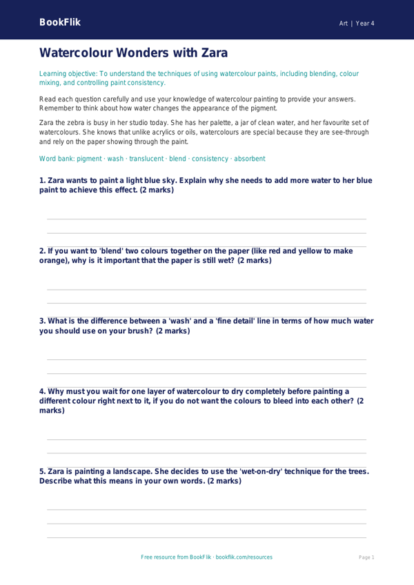 Free Watercolour Painting Worksheet | Class 4 Art | BookFlik worksheet preview — Art Watercolour