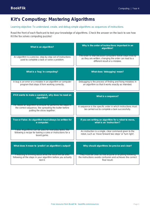 Free Algorithms Flashcards for Class 4 Students | BookFlik worksheet preview — Computing Algorithms