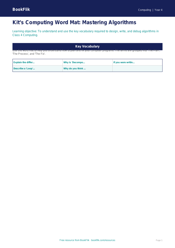 Free Algorithms Word Mat | Class 4 | Computing | BookFlik worksheet preview — Computing Algorithms