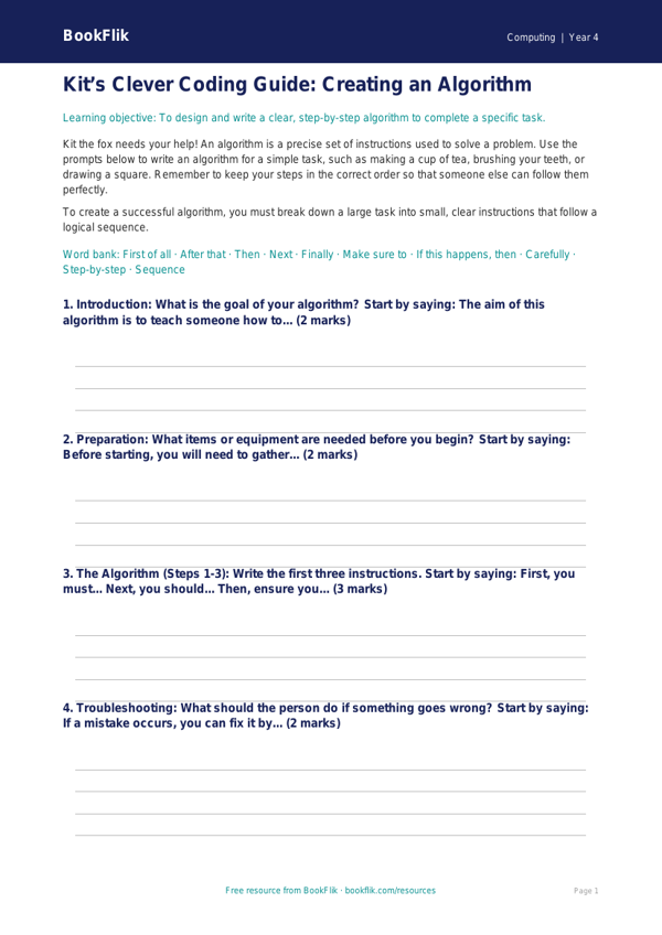 Free Algorithms Writing Frame for Class 4 Computing | BookFlik worksheet preview — Computing Algorithms