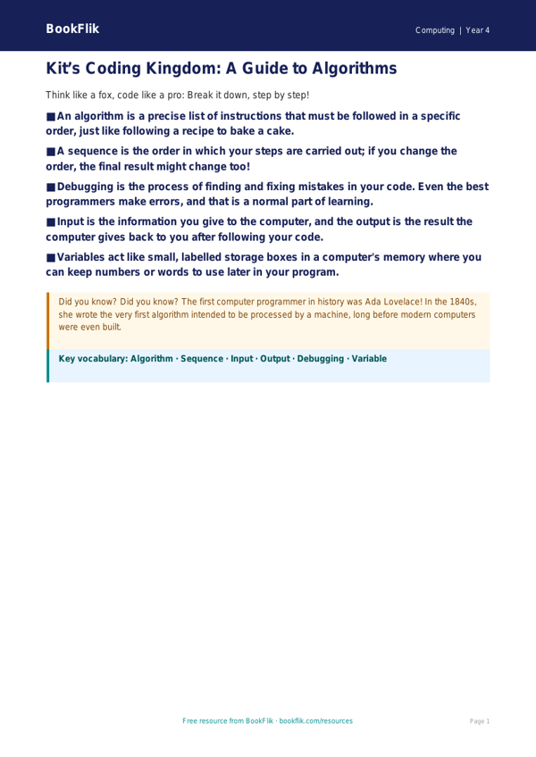 Free Coding Poster for Class 4 Students | BookFlik worksheet preview — Computing Coding