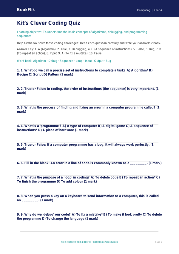 Free Coding Quiz for Class 4 Students | BookFlik CBSE/NCERT worksheet preview — Computing Coding