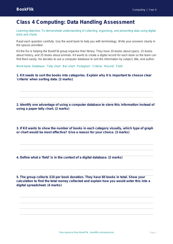 Free Data Handling Assessment | Class 4 | Computing | BookFlik worksheet preview — Computing Data Handling