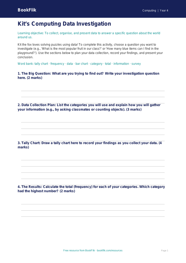 Free Data Handling Template | Class 4 | Computing | BookFlik worksheet preview — Computing Data Handling