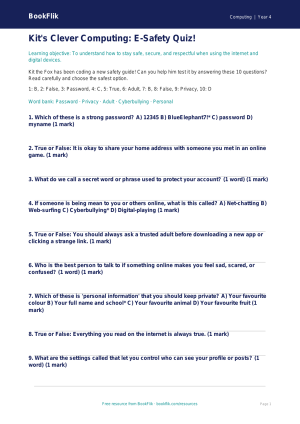 E Safety Quiz for Class 4 Students | Free Download | BookFlik worksheet preview — Computing E Safety