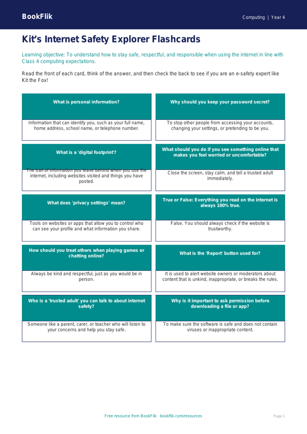 Free Internet Safety Flashcards for Class 4 | BookFlik worksheet preview — Computing Internet Safety