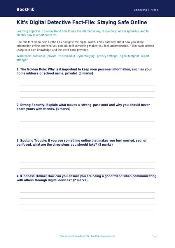 Free Internet Safety Guide for Class 4 Students | BookFlik worksheet preview — Computing Internet Safety