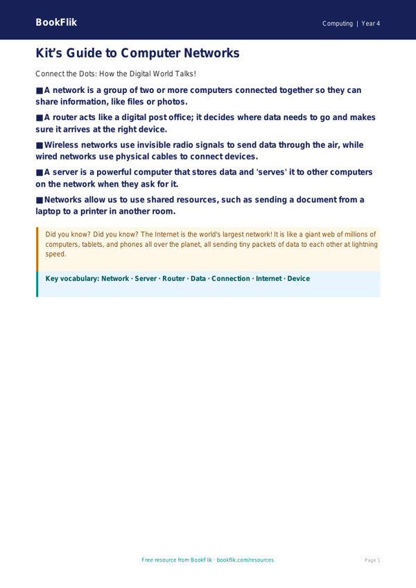 Free Networks Poster for Class 4 | Computing | BookFlik worksheet preview — Computing Networks