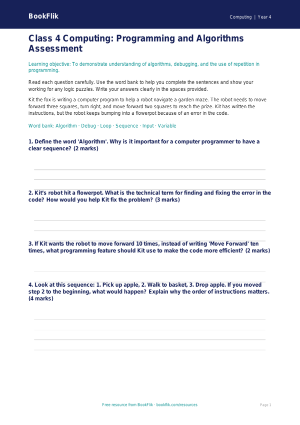 Free Programming Assessment for Class 4 | Computing | BookFlik worksheet preview — Computing Programming