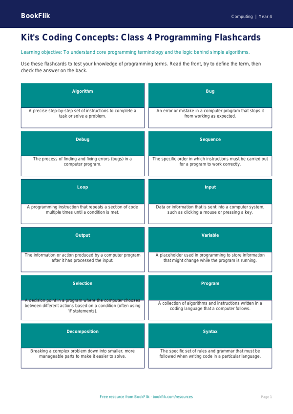 Free Programming Flashcards for Class 4 Students | BookFlik worksheet preview — Computing Programming