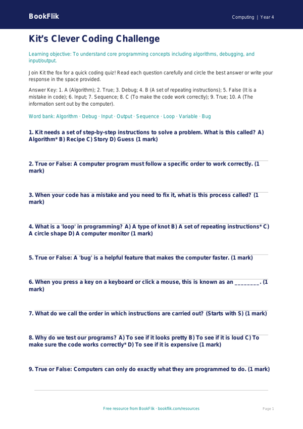 Free Programming Quiz for Class 4 | CBSE / NCERT Computing | BookFlik worksheet preview — Computing Programming