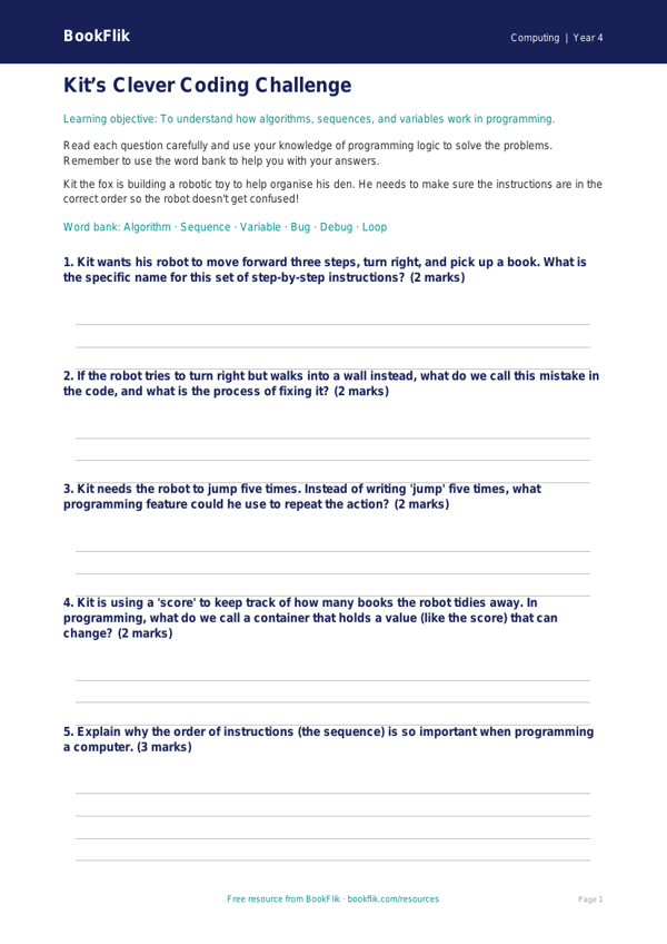 Free Programming Worksheet for Class 4 | Computing | BookFlik worksheet preview — Computing Programming