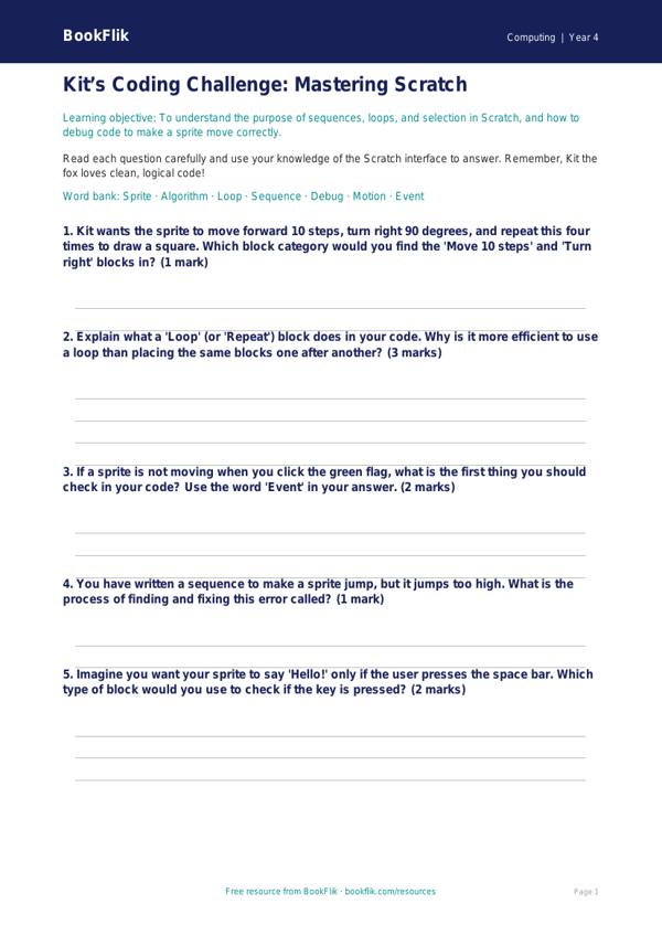 Free Scratch Worksheet | Class 4 | Computing | BookFlik worksheet preview — Computing Scratch