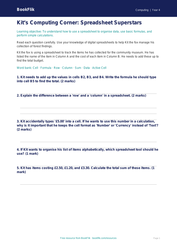 Free Spreadsheets Worksheet for Class 4 Students | BookFlik worksheet preview — Computing Spreadsheets