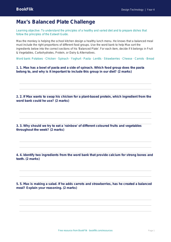 Free Cooking Nutrition Activity Sheet for Class 4 | Design Technology | BookFlik worksheet preview — Design-Technology Cooking Nutrition