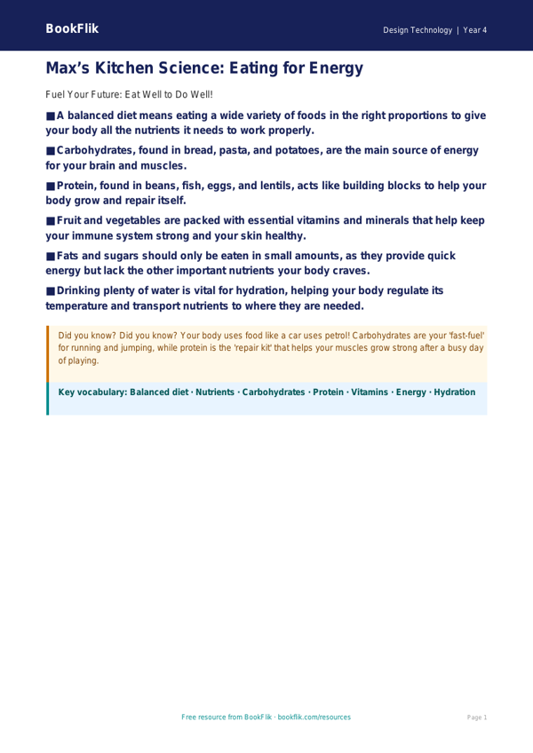 Free Cooking Nutrition Poster | Class 4 | Design Technology | BookFlik worksheet preview — Design-Technology Cooking Nutrition