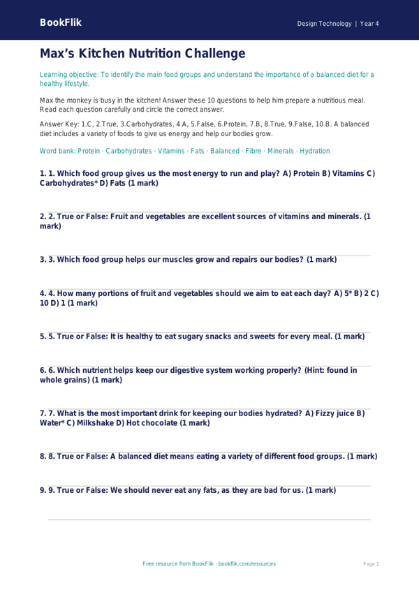 Free Cooking Nutrition Quiz for CBSE Class 4 Students | BookFlik worksheet preview — Design-Technology Cooking Nutrition