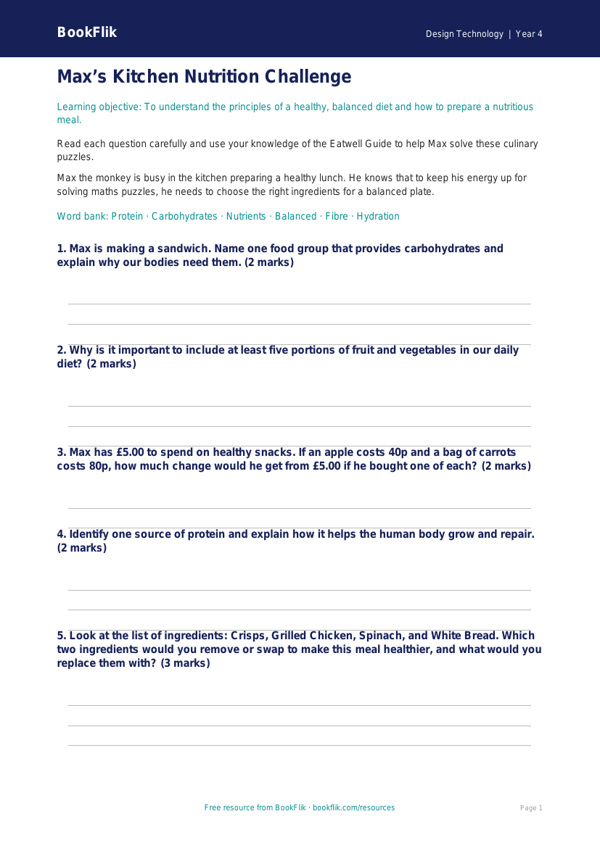 Cooking Nutrition Worksheet for Class 4 | Design Technology | BookFlik worksheet preview — Design-Technology Cooking Nutrition