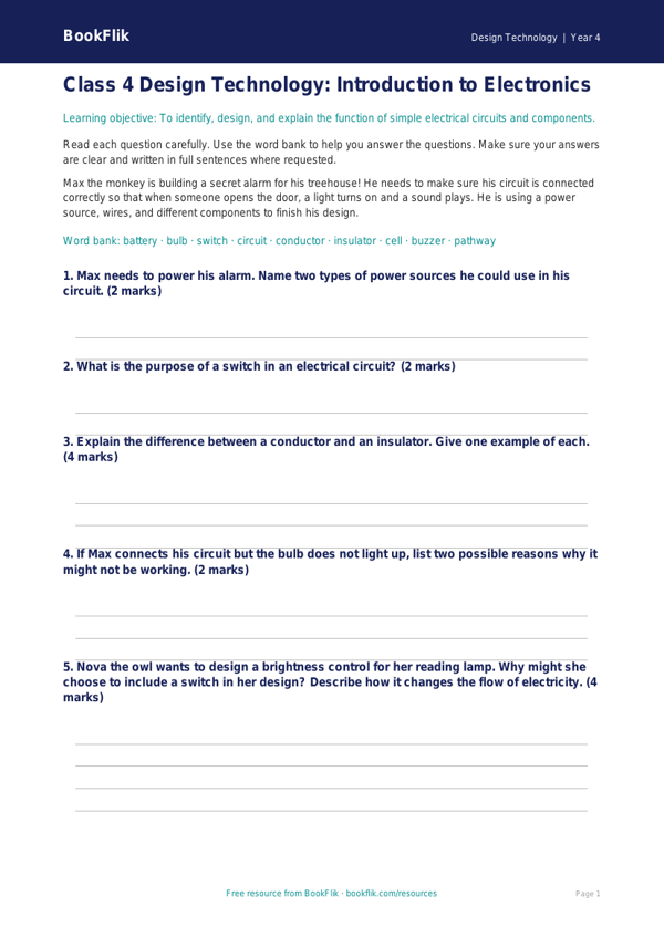 Free Electronics Assessment for Class 4 | Design Technology | BookFlik worksheet preview — Design-Technology Electronics