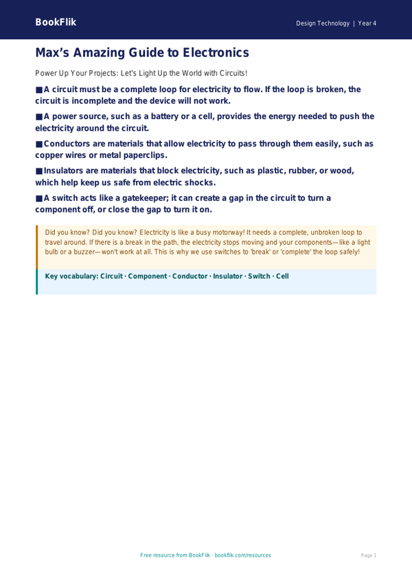 Free Electronics Poster | Class 4 | Design Technology | BookFlik worksheet preview — Design-Technology Electronics
