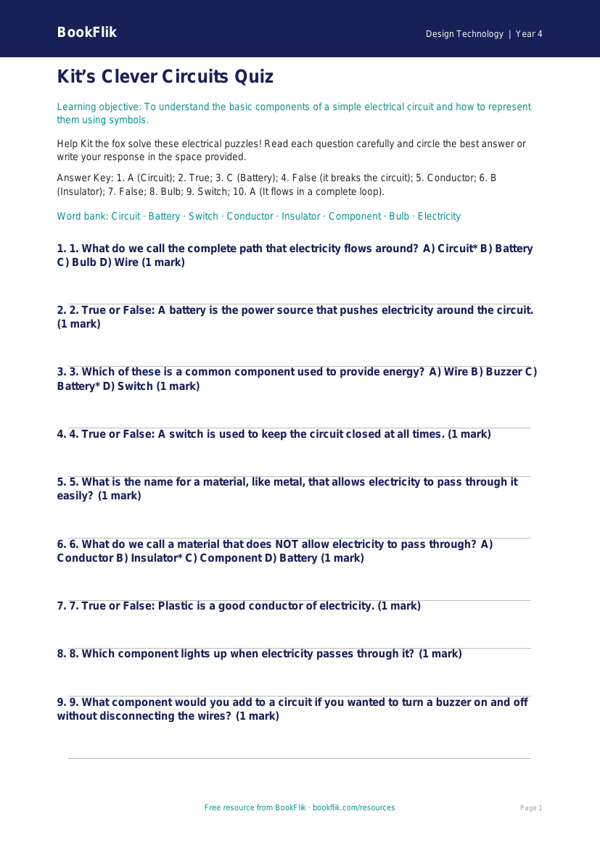 Design Technology electronics quiz class 4 core worksheet preview — Design-Technology Electronics
