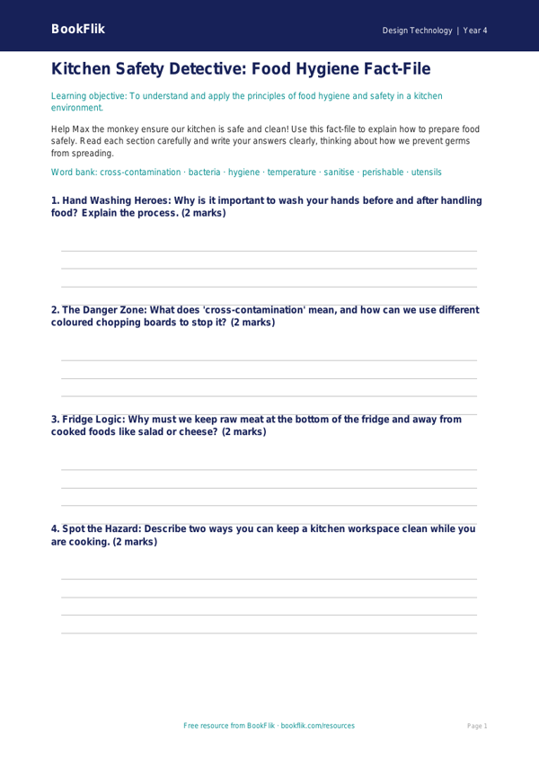 Free Food Hygiene Template for Class 4 | Design Technology | BookFlik worksheet preview — Design-Technology Food Hygiene