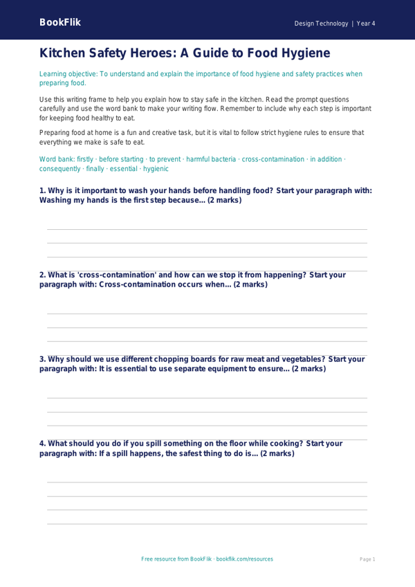 Free Food Hygiene Writing Frame for Class 4 | Design Technology | BookFlik worksheet preview — Design-Technology Food Hygiene